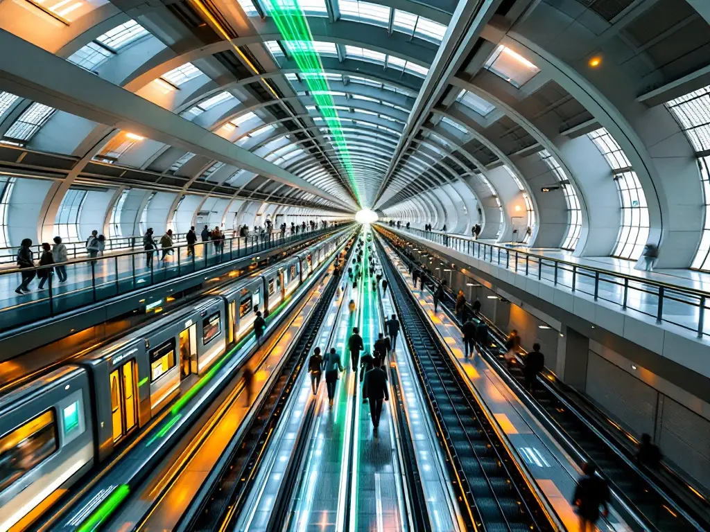 Illustrazione generata da IA: stazione della metropolitana a volta con convogli e passeggeri, linea verde sul soffitto