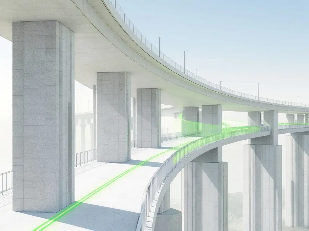 Illustrazione generata da IA: viadotto curvo in calcestruzzo, con una fibra ottica raffigurata in verde lungo l'impalcato