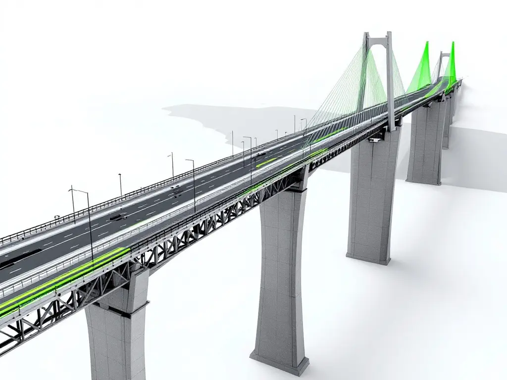 Illustrazione generata da IA: ponte strallato autostradale, stralli e impalcato evidenziati in verde