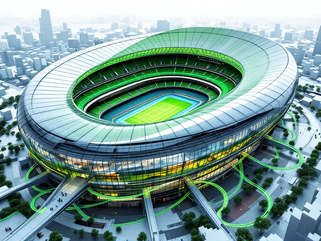 Illustrazione generata da IA: stadio visto dall'alto, circondato da una rete in fibra ottica raffigurata in verde