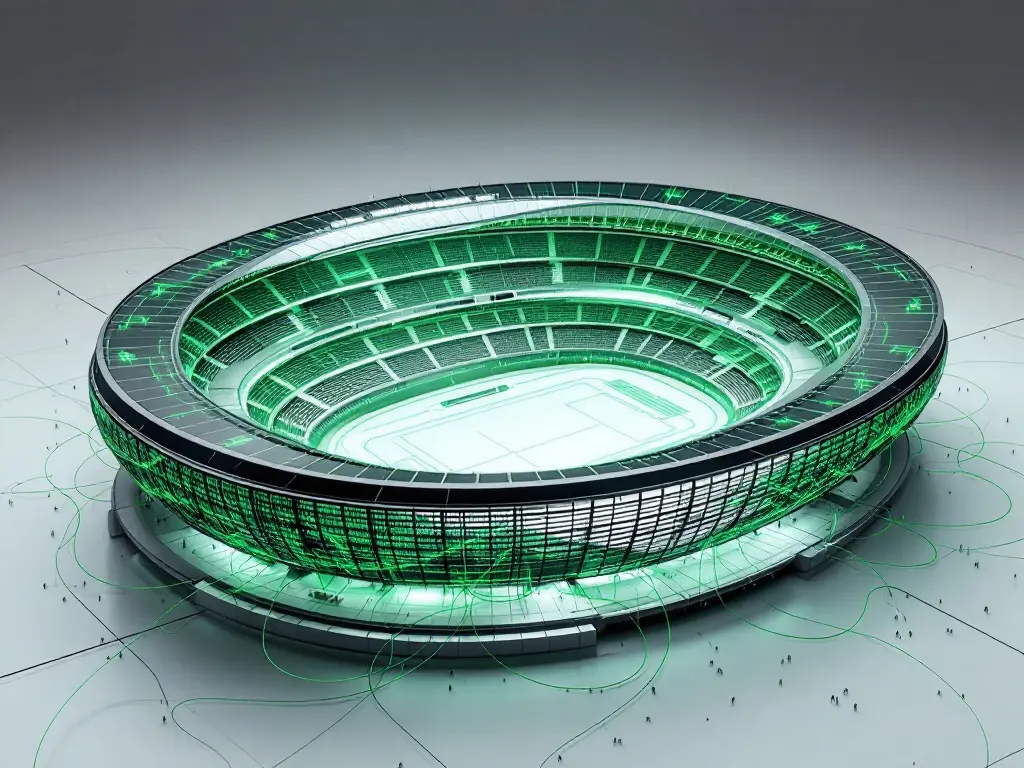 Illustrazione generata da IA: modello wireframe di uno stadio percorso da linee verdi, che evoca il suo gemello digitale