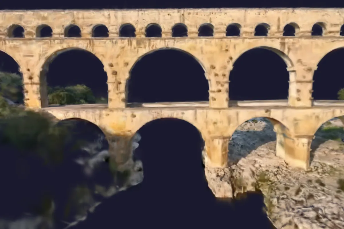 Schermata del viewer 3D SensyTwin (interfaccia in francese): primo piano sulle arcate del Pont du Gard, reso in Gaussian splatting